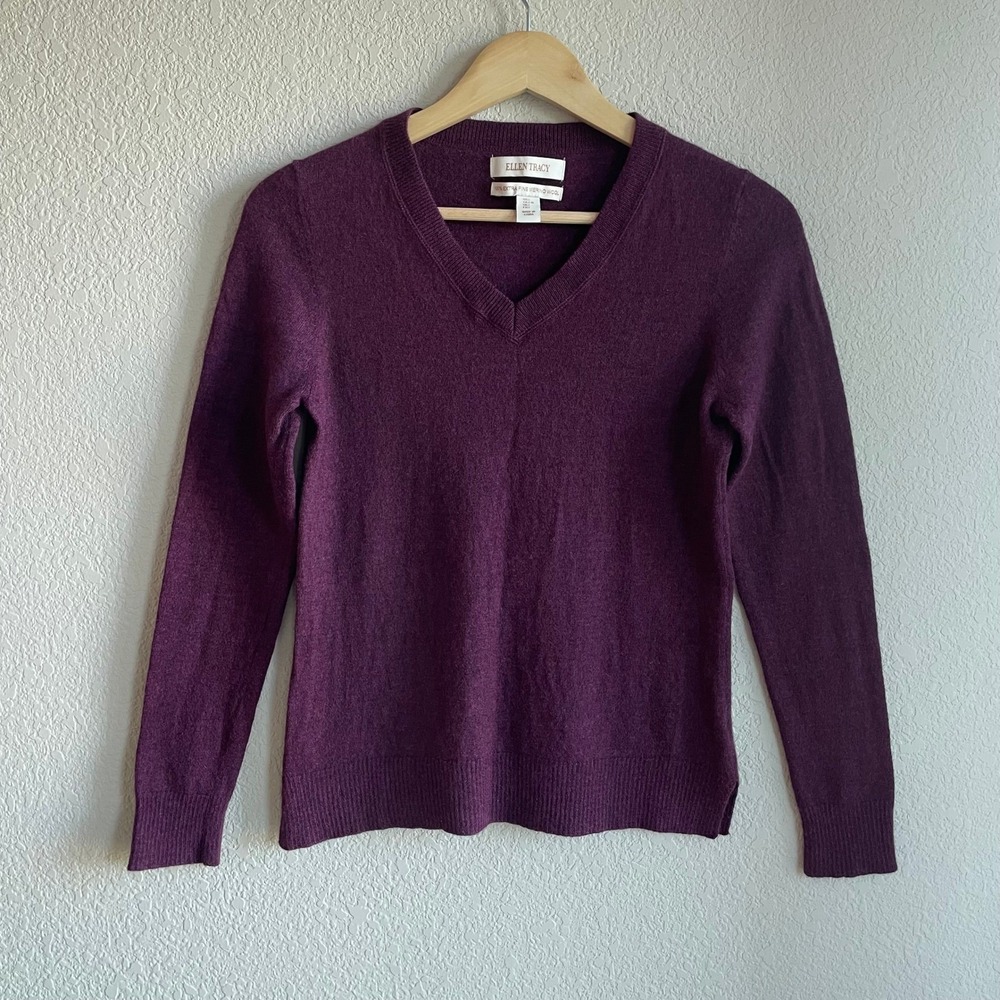 Ellen Tracy 100% Merino Wool Sweater Womens L Purple Fall Staple Elevated Basic